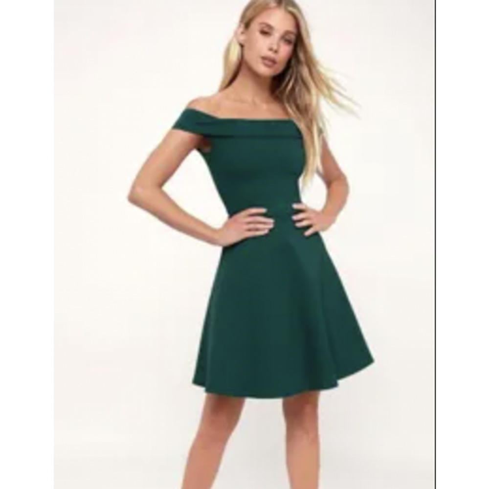 Lulu's Season of Fun Forest Green Off-the-Shoulder Skater Dress Size XS NEW